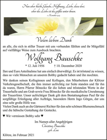 Traueranzeige von Wolfgang Bauschke  von Magdeburger Volksstimme