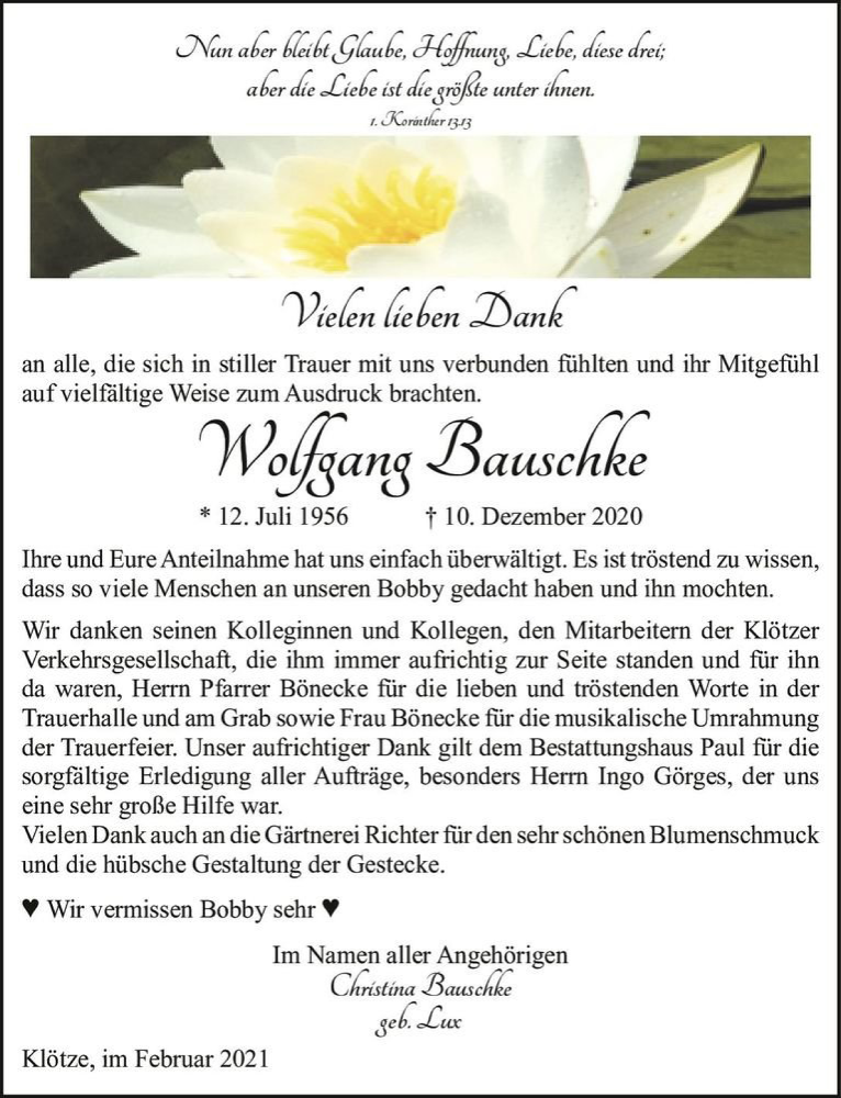 Traueranzeige für Wolfgang Bauschke  vom 06.02.2021 aus Magdeburger Volksstimme