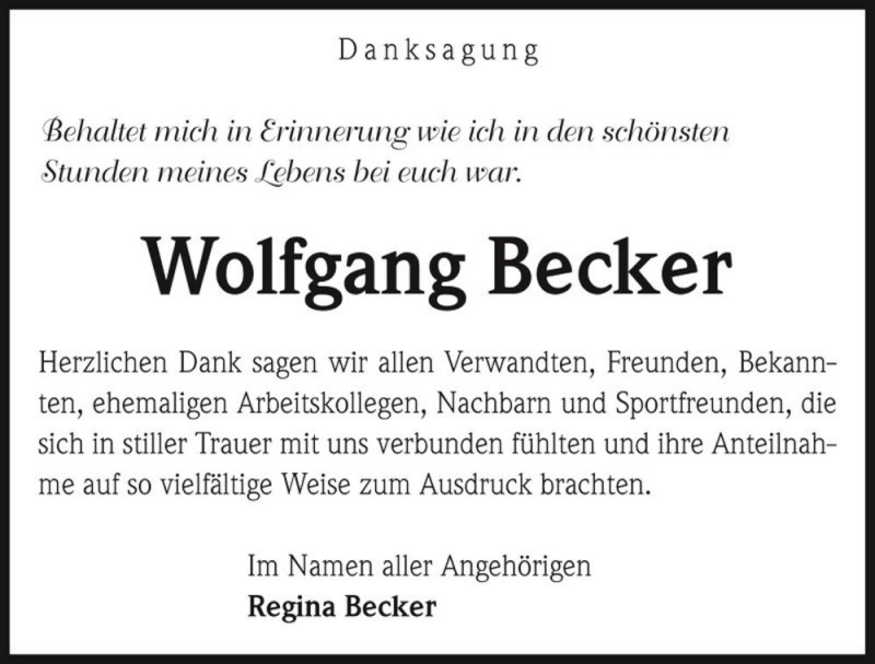 Traueranzeige für Wolfgang Becker  vom 17.09.2016 aus Magdeburger Volksstimme