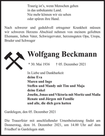 Traueranzeige von Wolfgang Beckmann  von Magdeburger Volksstimme