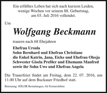 Traueranzeige von Wolfgang Beckmann  von Magdeburger Volksstimme