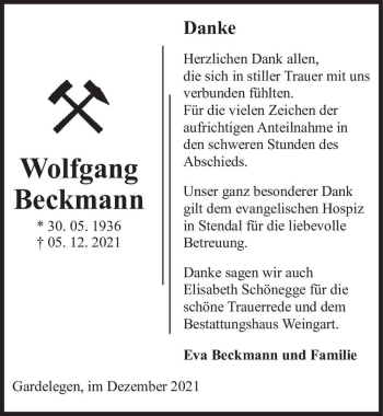Traueranzeige von Wolfgang Beckmann  von Magdeburger Volksstimme