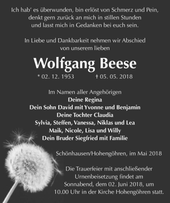 Traueranzeige von Wolfgang Beese  von Magdeburger Volksstimme