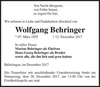 Traueranzeige von Wolfgang Behringer  von Magdeburger Volksstimme