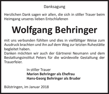 Traueranzeige von Wolfgang Behringer  von Magdeburger Volksstimme