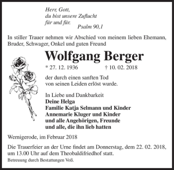 Traueranzeige von Wolfgang Berger  von Magdeburger Volksstimme
