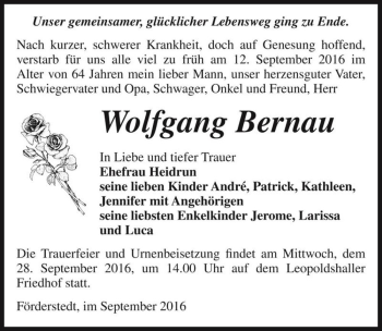 Traueranzeige von Wolfgang Bernau  von Magdeburger Volksstimme