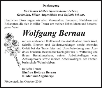 Traueranzeige von Wolfgang Bernau  von Magdeburger Volksstimme