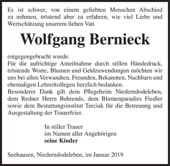 Traueranzeige von Wolfgang Bernieck  von Magdeburger Volksstimme