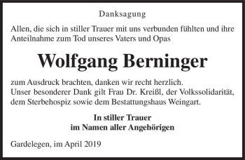 Traueranzeige von Wolfgang Berninger  von Magdeburger Volksstimme