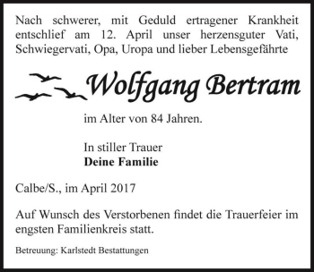 Traueranzeige von Wolfgang Bertram  von Magdeburger Volksstimme