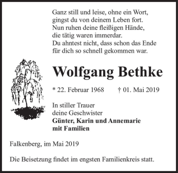 Traueranzeige von Wolfgang Bethke  von Magdeburger Volksstimme