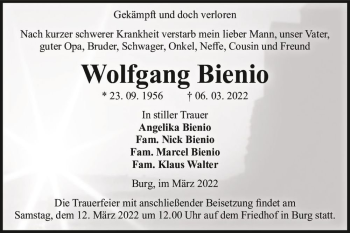 Traueranzeige von Wolfgang Bienio  von Magdeburger Volksstimme