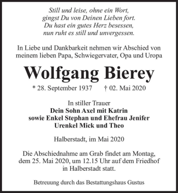 Traueranzeige von Wolfgang Bierey  von Magdeburger Volksstimme