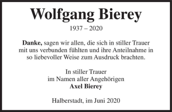 Traueranzeige von Wolfgang Bierey  von Magdeburger Volksstimme