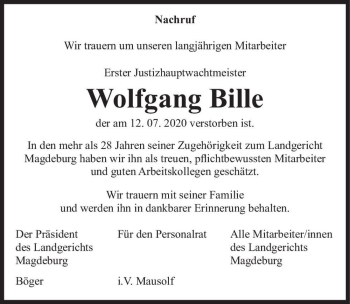 Traueranzeige von Wolfgang Bille  von Magdeburger Volksstimme
