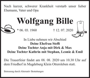Traueranzeige von Wolfgang Bille  von Magdeburger Volksstimme