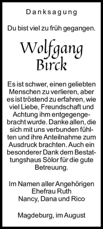 Traueranzeige von Wolfgang Birck  von Magdeburger Volksstimme