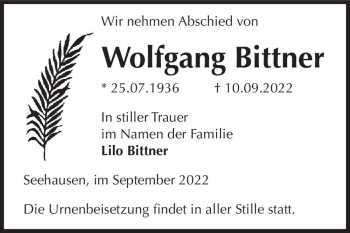 Traueranzeige von Wolfgang Bittner  von Magdeburger Volksstimme