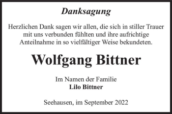 Traueranzeige von Wolfgang Bittner  von Magdeburger Volksstimme
