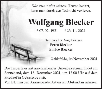 Traueranzeige von Wolfgang Blecker  von Magdeburger Volksstimme