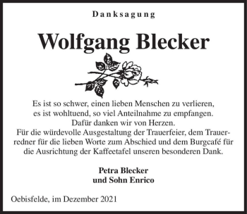 Traueranzeige von Wolfgang Blecker  von Magdeburger Volksstimme