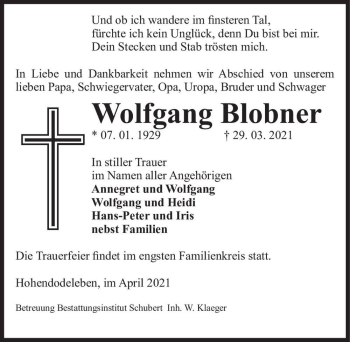 Traueranzeige von Wolfgang Blobner  von Magdeburger Volksstimme