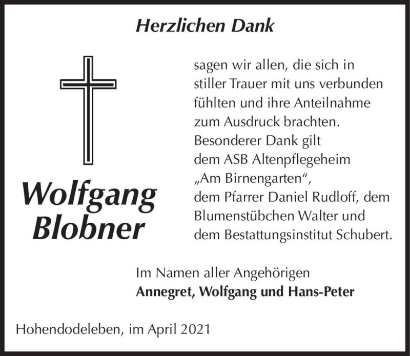  Traueranzeige für Wolfgang Blobner  vom 24.04.2021 aus Magdeburger Volksstimme
