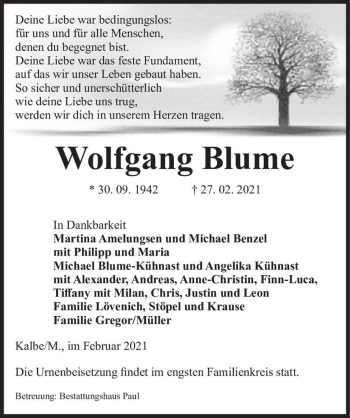 Traueranzeige von Wolfgang Blume  von Magdeburger Volksstimme