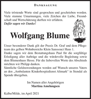 Traueranzeige von Wolfgang Blume  von Magdeburger Volksstimme