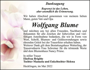 Traueranzeige von Wolfgang Blume  von Magdeburger Volksstimme