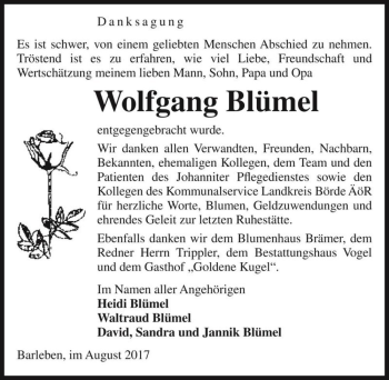 Traueranzeige von Wolfgang Blümel  von Magdeburger Volksstimme