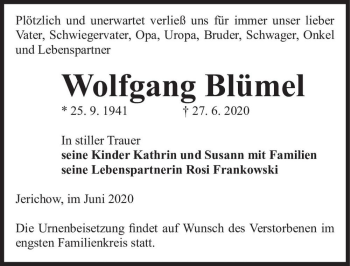 Traueranzeige von Wolfgang Blümel  von Magdeburger Volksstimme