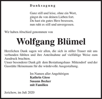 Traueranzeige von Wolfgang Blümel  von Magdeburger Volksstimme