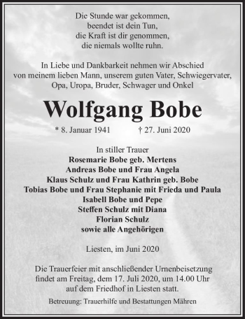 Traueranzeige von Wolfgang Bobe  von Magdeburger Volksstimme