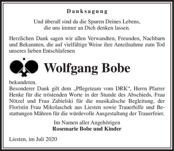 Traueranzeige von Wolfgang Bobe  von Magdeburger Volksstimme