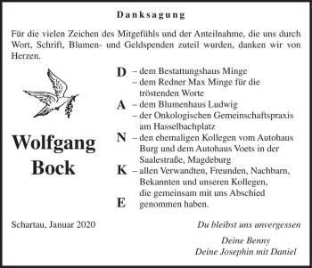 Traueranzeige von Wolfgang Bock  von Magdeburger Volksstimme
