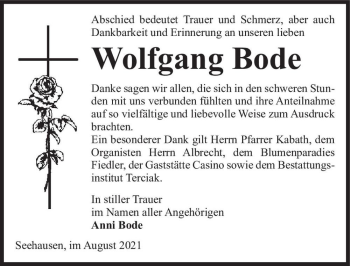 Traueranzeige von Wolfgang Bode  von Magdeburger Volksstimme