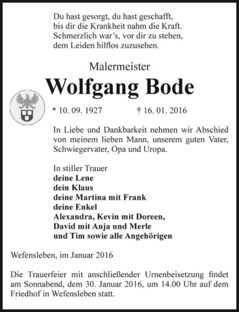 Traueranzeige von Wolfgang Bode  von Magdeburger Volksstimme