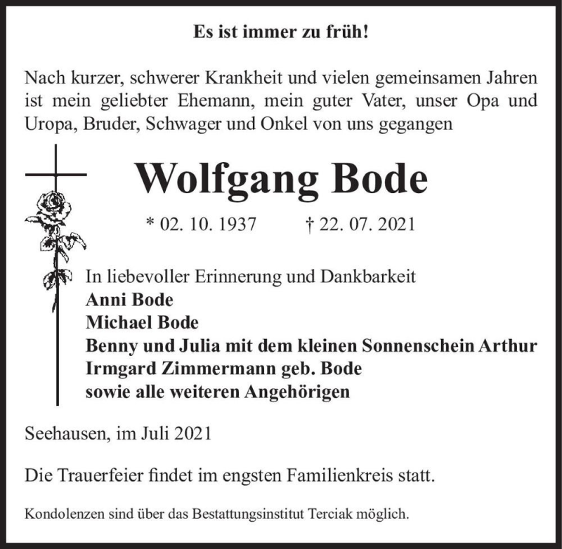  Traueranzeige für Wolfgang Bode  vom 31.07.2021 aus Magdeburger Volksstimme
