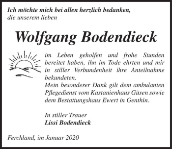 Traueranzeige von Wolfgang Bodendieck  von Magdeburger Volksstimme