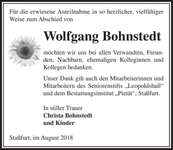 Traueranzeige von Wolfgang Bohnstedt  von Magdeburger Volksstimme