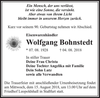 Traueranzeige von Wolfgang Bohnstedt  von Magdeburger Volksstimme
