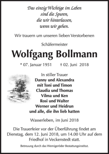 Traueranzeige von Wolfgang Bollmann  von Magdeburger Volksstimme