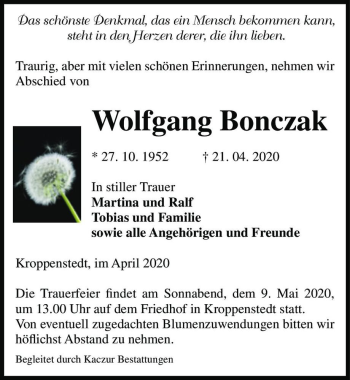 Traueranzeige von Wolfgang Bonczak  von Magdeburger Volksstimme