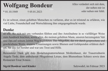 Traueranzeige von Wolfgang Bondeur  von Magdeburger Volksstimme