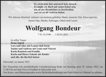 Traueranzeige von Wolfgang Bondeur  von Magdeburger Volksstimme