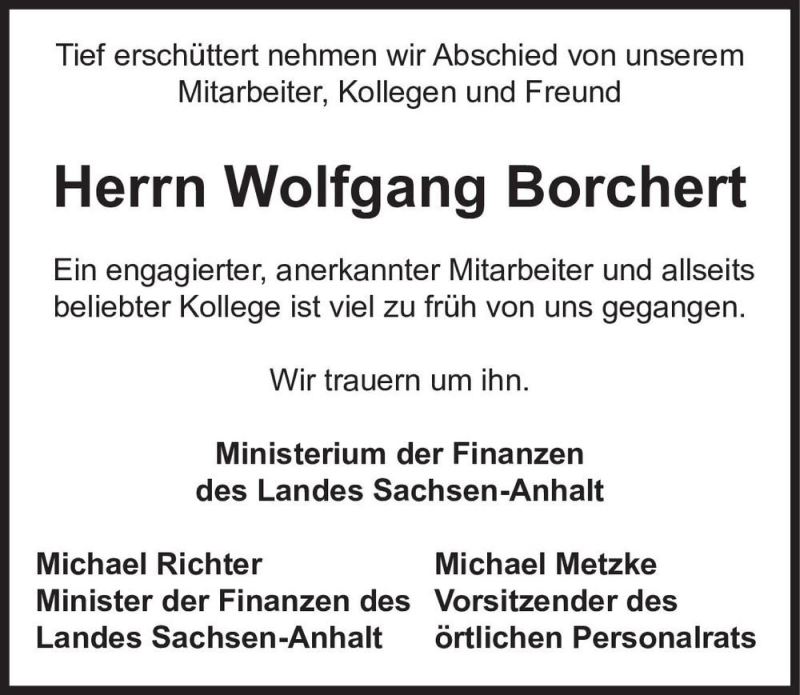  Traueranzeige für Wolfgang Borchert  vom 28.08.2021 aus Magdeburger Volksstimme