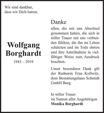 Traueranzeige von Wolfgang Borghardt  von Magdeburger Volksstimme