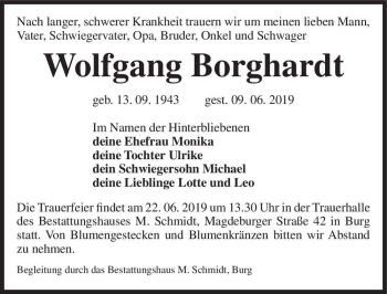 Traueranzeige von Wolfgang Borghardt  von Magdeburger Volksstimme
